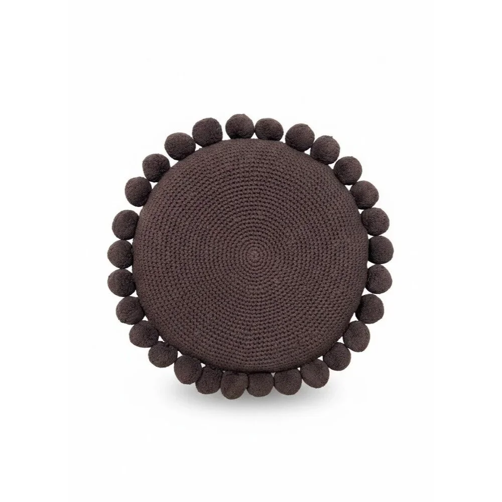Crate and Barrel Pico Round Pom Pom Pillow‎ grey Hand Knit Cotton 18